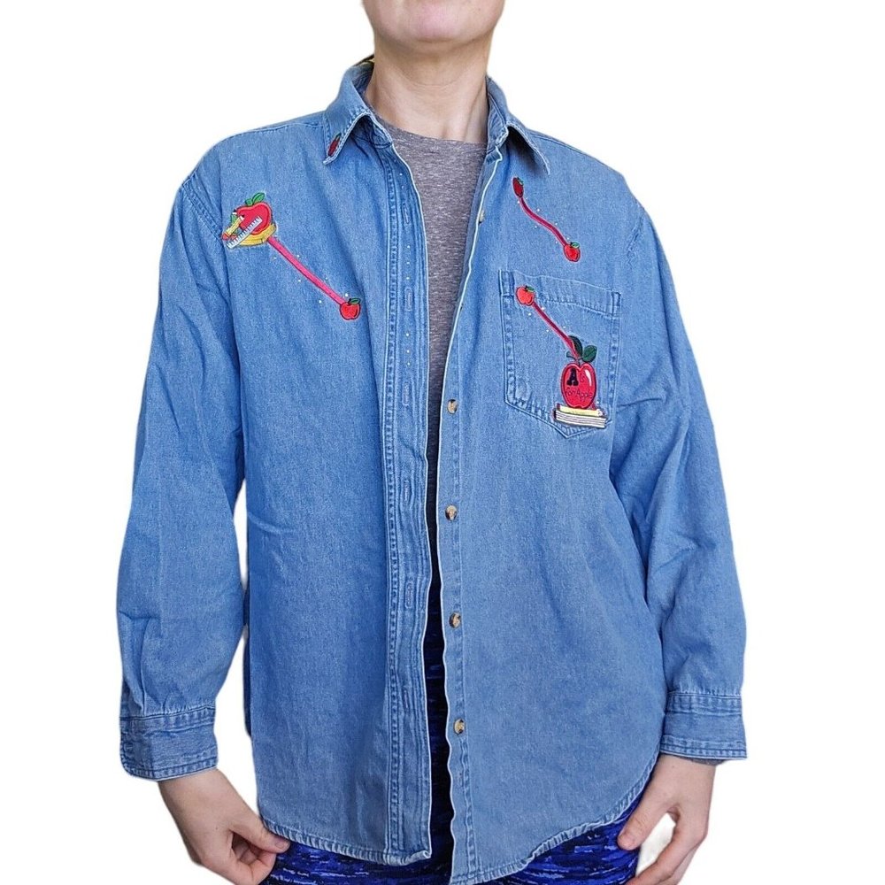 Vintage 90s Denim Jean Teacher Button Up Shirt Apple Medium‎